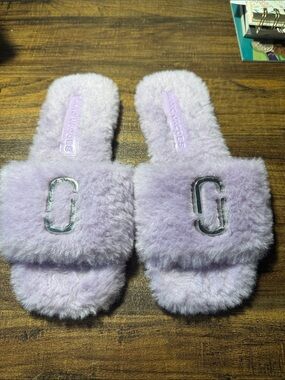 Marc Jacobs Lilac Faux-Fur Slide Sandals with Silver Logo